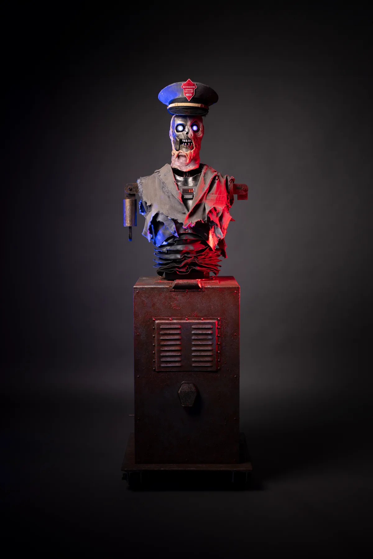 Custom robotic game character illuminated in red and blue