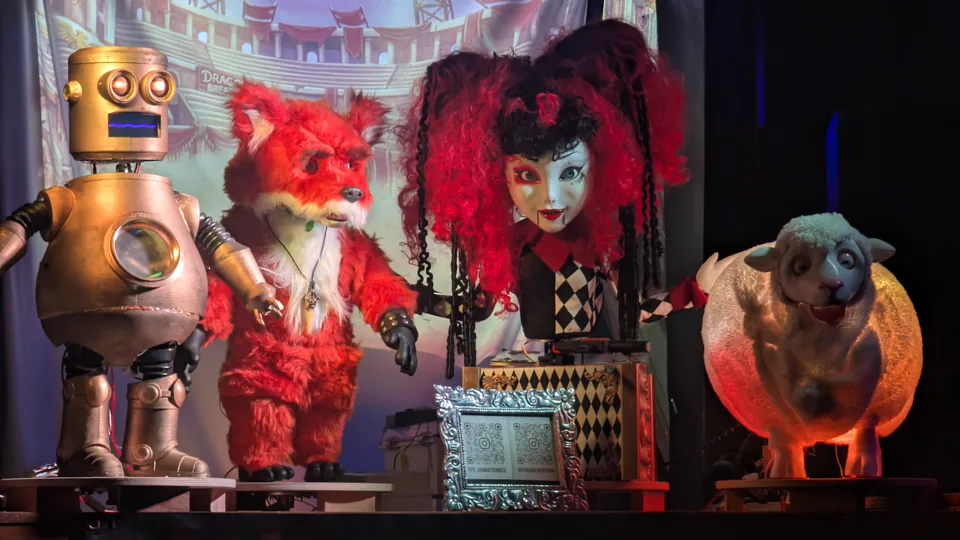 Four Wayward Toy Theater animatronic characters performing together